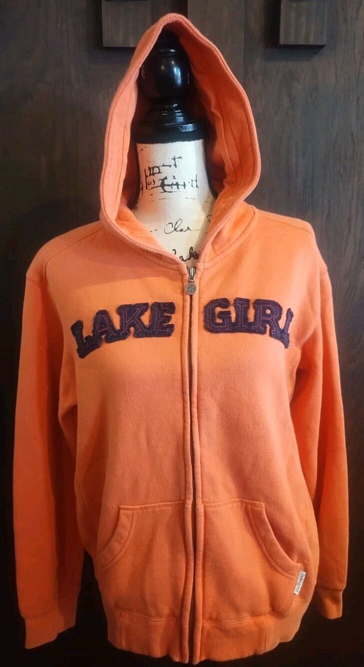 Lake Girl Hoodie Women’s Medium Full Zip Coral Navy blue nautical sweatshirt